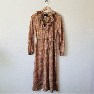 Vintage Straight Lane 70s/80s Tan Pink Ruffle Neck Midi Dress